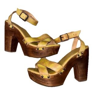 Bed Stu Yellow Madeline Wooden Block Heels 11 WEDGE CRISSCROSS PLATFORM SANDALS